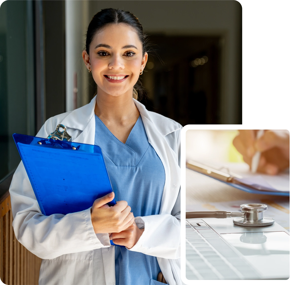 Smiling doctor with clipboard and stethoscope.