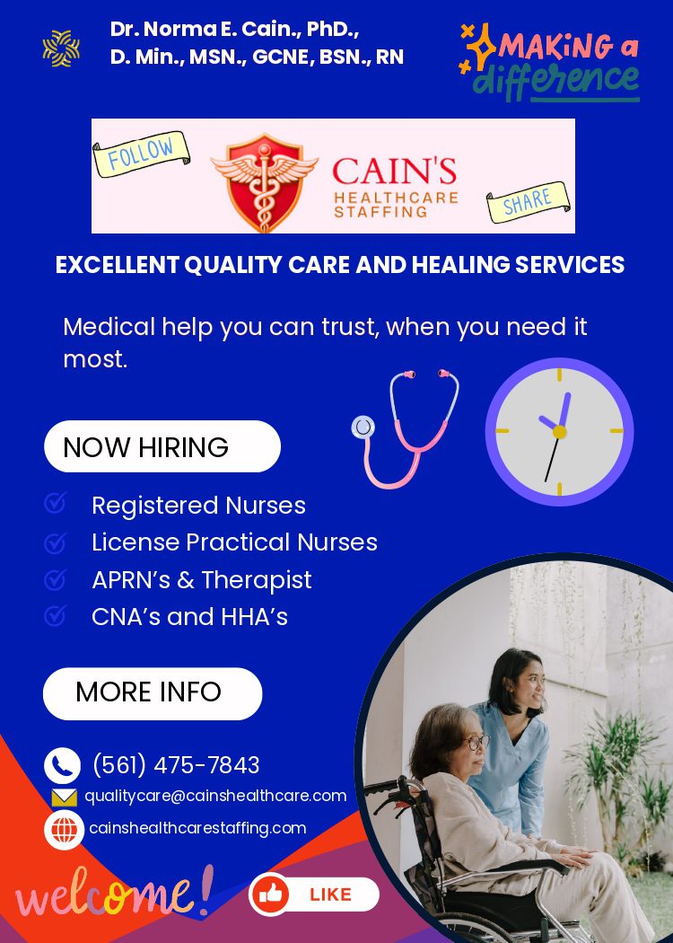 Advertisement for medical job openings at Cain's Medical Help with contact info.
