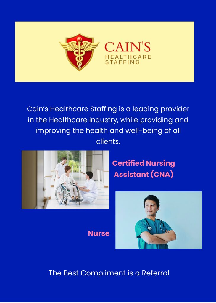 Healthcare staffing advertisement for certified nursing assistants and nurses.